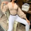 Solid Women Long Sleeve T Shirt Summer Casual Tops V-neck Button Lantern Sleeve TShirt Elegant Office Workwear Top Blusa Mujer - Hplify