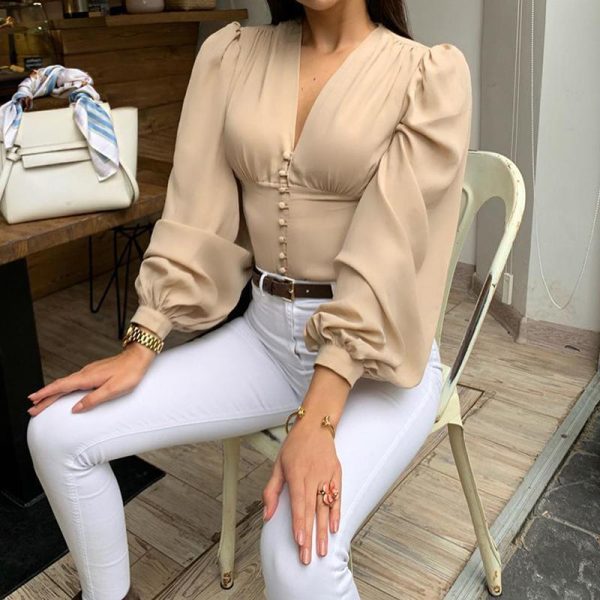 Solid Women Long Sleeve T Shirt Summer Casual Tops V-neck Button Lantern Sleeve TShirt Elegant Office Workwear Top Blusa Mujer - Hplify