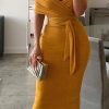 Solid Yellow Off Shoulder Wrap Dress Women Ruched Designed Sashes Midi Dress Slim Fit Party Dresses Robe Femme - Hplify