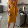 Solid Yellow Off Shoulder Wrap Dress Women Ruched Designed Sashes Midi Dress Slim Fit Party Dresses Robe Femme - Hplify