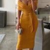 Solid Yellow Off Shoulder Wrap Dress Women Ruched Designed Sashes Midi Dress Slim Fit Party Dresses Robe Femme - Hplify