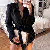 Solid black women blazer Nothched sashes wrap blazer coat Streetwear Elegant ladies veste longue femme blazers and jackets - Hplify