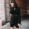 Solid black women blazer Nothched sashes wrap blazer coat Streetwear Elegant ladies veste longue femme blazers and jackets - Hplify