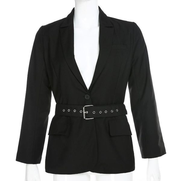 Solid black women blazer Nothched sashes wrap blazer coat Streetwear Elegant ladies veste longue femme blazers and jackets - Hplify