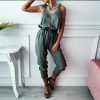 Solid color long jumpsuit for women Sleeveless casual rompers womens jumpsuit Summer elastic waist overalls femme bodysuit - Hplify
