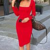 Solid color square collar long sleeve bodycon dress Women slim fit knee summer dress  Elegatn office workwear vestidos mujer - Hplify