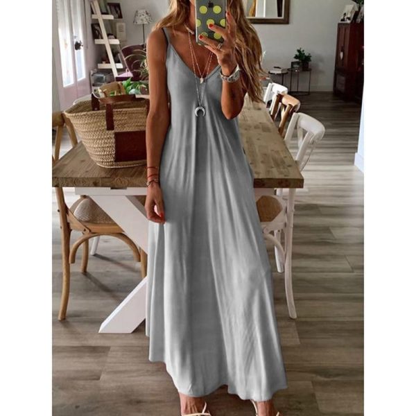 Solid color v neck dress women Spaghetti strap draped summer beach dress 2019 Casual long maxi dresses robe femme vestidos mujer - Hplify