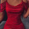 Spaghetti Strap Glitter Cami Dress Women Off the Shoulde Red Party Dress Summer Sexy Shining Ruched Party Dresses Vestidos - Hplify