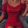 Spaghetti Strap Glitter Cami Dress Women Off the Shoulde Red Party Dress Summer Sexy Shining Ruched Party Dresses Vestidos - Hplify