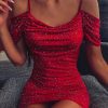 Spaghetti Strap Glitter Cami Dress Women Off the Shoulde Red Party Dress Summer Sexy Shining Ruched Party Dresses Vestidos - Hplify