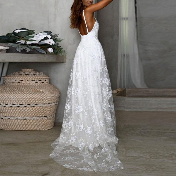 Spaghetti strap white lace party dress women Sleeveless solid color long maxi dress Summer elegant flower robe femme vestidos - Hplify