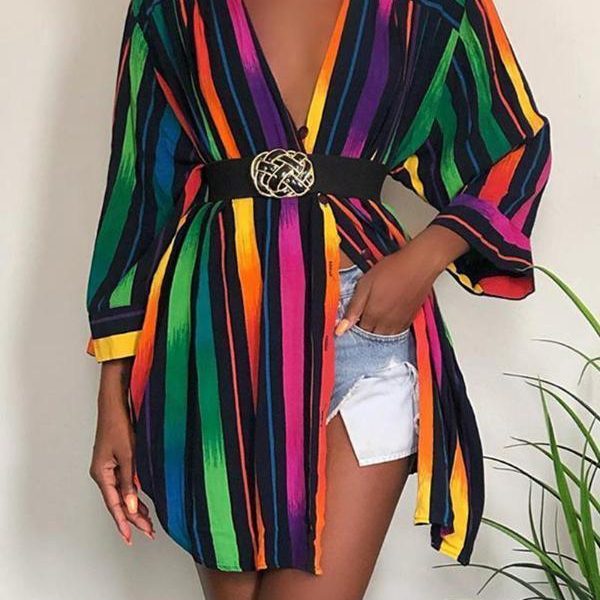 Striped Long Sleeve Deep V Neck Tops Women Sexy V Neck Long Sleeve T Shirt Rainbow Print Streetwear - Hplify