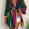 Striped Long Sleeve Deep V Neck Tops Women Sexy V Neck Long Sleeve T Shirt Rainbow Print Streetwear - Hplify