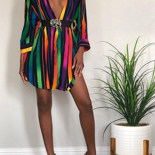 Striped Long Sleeve Deep V Neck Tops Women Sexy V Neck Long Sleeve T Shirt Rainbow Print Streetwear - Hplify