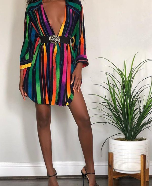 Striped Long Sleeve Deep V Neck Tops Women Sexy V Neck Long Sleeve T Shirt Rainbow Print Streetwear - Hplify