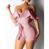 Striped Off Shoulder Ruffles Design Romper Sashes stripes jumpsuits for women Summer high waist jumpsuit shorts Overalls - Hplify