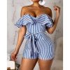 Striped Off Shoulder Ruffles Design Romper Sashes stripes jumpsuits for women Summer high waist jumpsuit shorts Overalls - Hplify