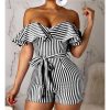 Striped Off Shoulder Ruffles Design Romper Sashes stripes jumpsuits for women Summer high waist jumpsuit shorts Overalls - Hplify