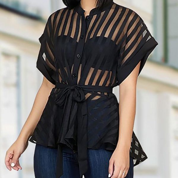 Striped See Through Buttoned Tied Waist Shirt Women Short Sleeve Transparent Ruffles Top Streetwear Summer Blusa Mujer - Hplify