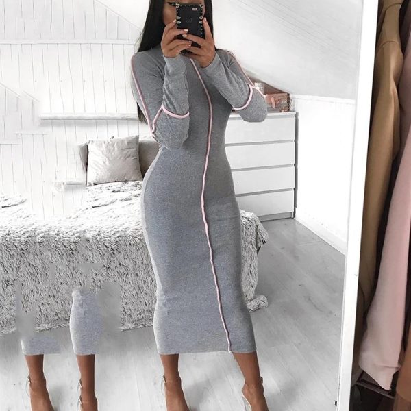 Striped biding long sleeve bodycon dress women Solid color sexy night club party dress Autumn knee turleneck robe femme - Hplify