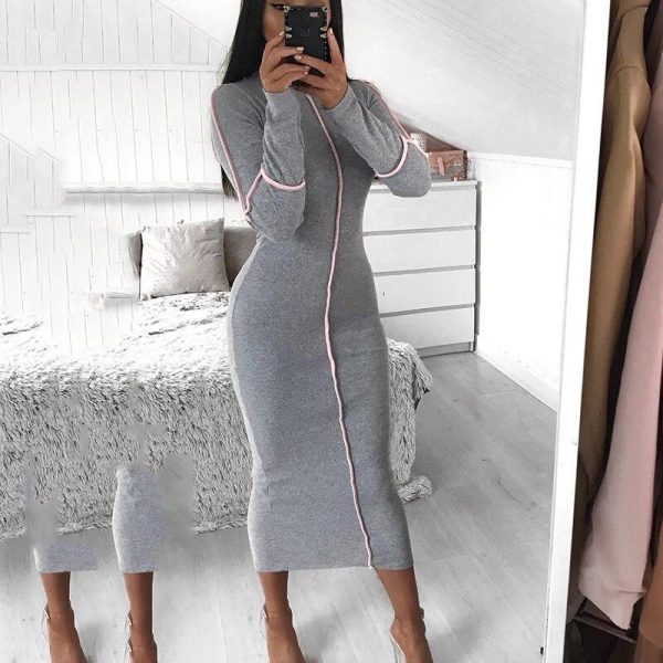 Striped biding long sleeve bodycon dress women Solid color sexy night club party dress Autumn knee turleneck robe femme - Hplify