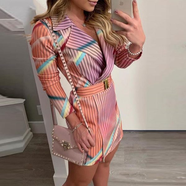 Striped print midi blazer dress with belt Long sleeve turn down collar autumn women dress 2019 Elegant office workwear Vestidos - Hplify