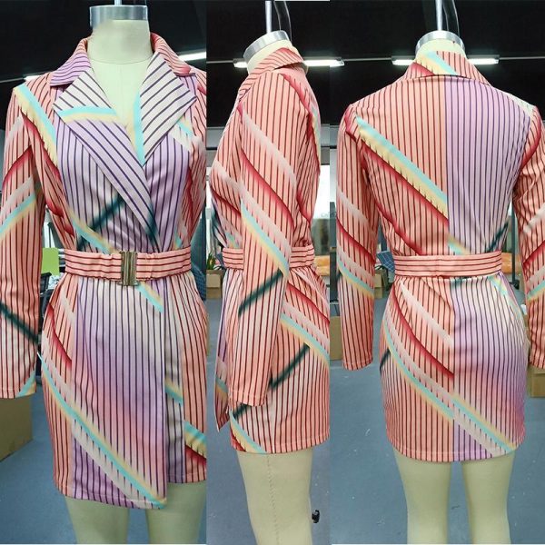 Striped print midi blazer dress with belt Long sleeve turn down collar autumn women dress 2019 Elegant office workwear Vestidos - Hplify