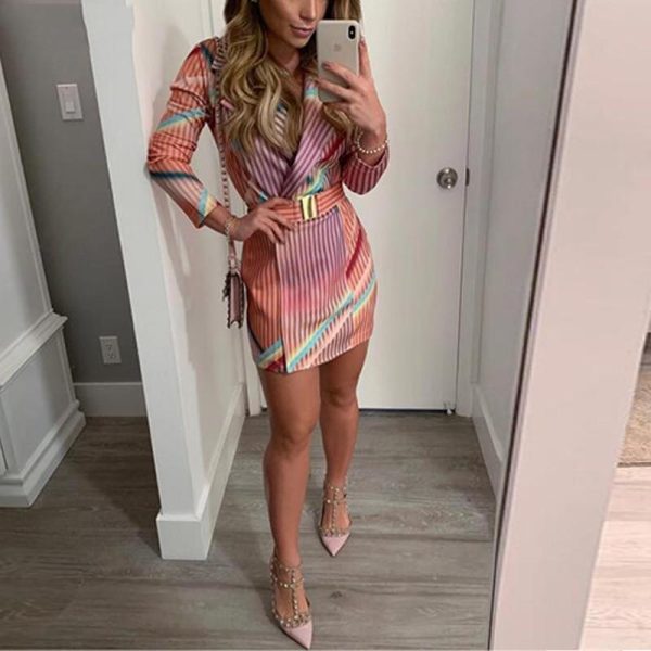 Striped print midi blazer dress with belt Long sleeve turn down collar autumn women dress 2019 Elegant office workwear Vestidos - Hplify