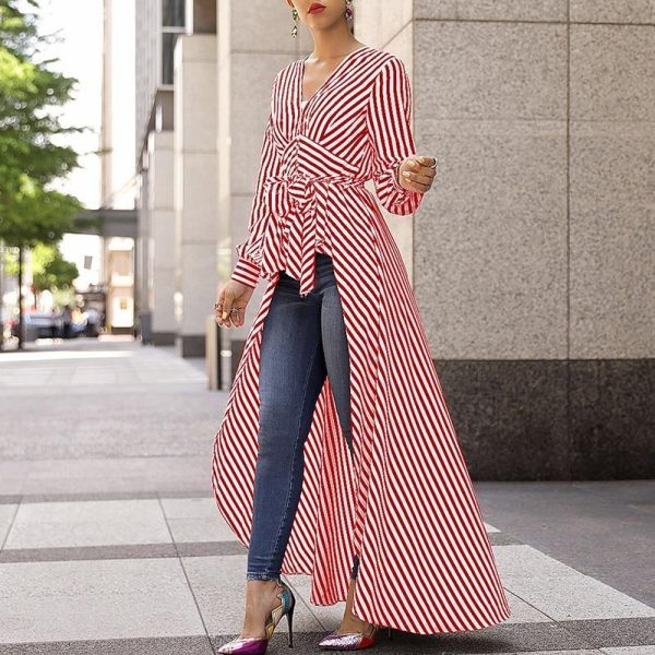 Striped print tie waist plunging blouse Women v neck stripes blouse shirt Spring Dip hem irregular long womens tops and blouses - Hplify