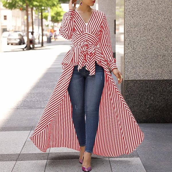 Striped print tie waist plunging blouse Women v neck stripes blouse shirt Spring Dip hem irregular long womens tops and blouses - Hplify