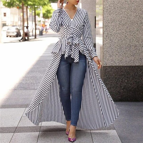 Striped print tie waist plunging blouse Women v neck stripes blouse shirt Spring Dip hem irregular long womens tops and blouses - Hplify