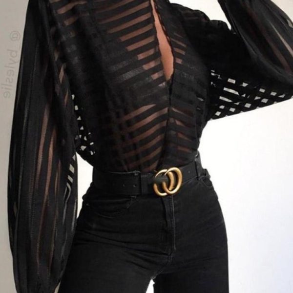 Stripes Keyhole Front Mesh Blouse Women See Through Hollow Out Womens Tops and Blouses Party Top blusas mujer de moda - Hplify