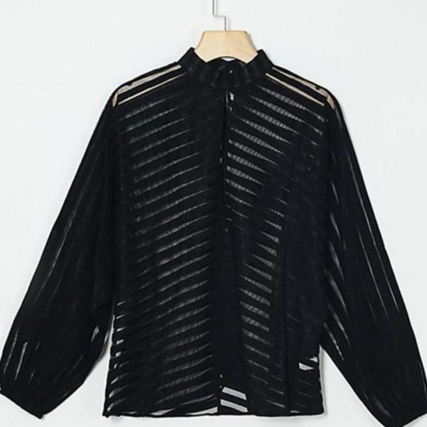 Stripes Keyhole Front Mesh Blouse Women See Through Hollow Out Womens Tops and Blouses Party Top blusas mujer de moda - Hplify