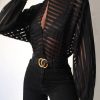 Stripes Keyhole Front Mesh Blouse Women See Through Hollow Out Womens Tops and Blouses Party Top blusas mujer de moda - Hplify