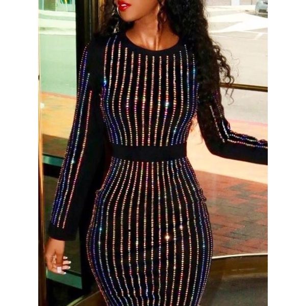 Stripes binding sequin party dress Women long sleeve diamonds bodycon sexy dress Shinny skinny dresses vestidos verano - Hplify