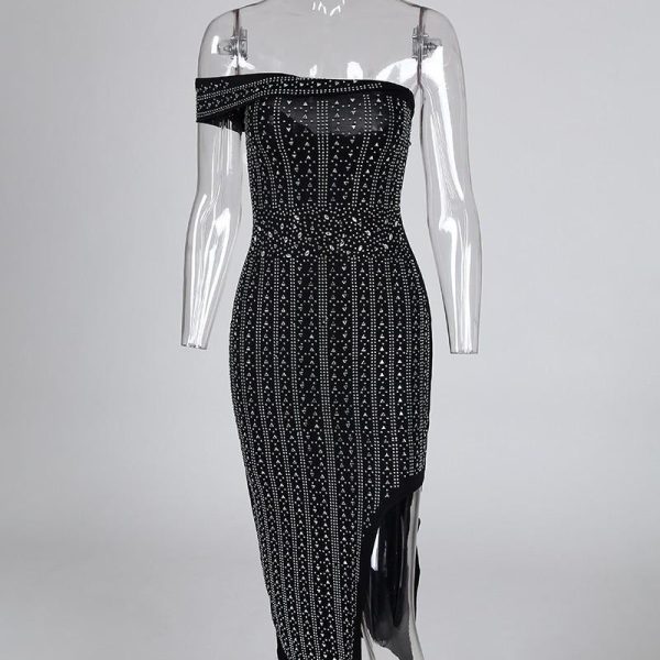Studded Off Shoulder Slit Party Dress - Hplify