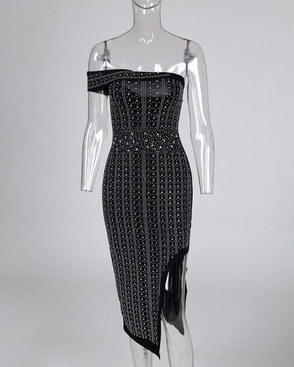 Studded Off Shoulder Slit Party Dress - Hplify