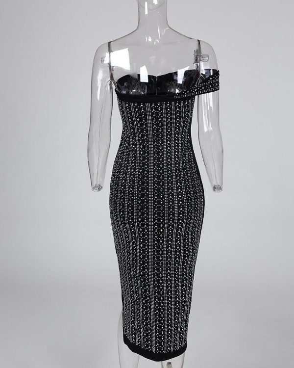 Studded Off Shoulder Slit Party Dress - Hplify