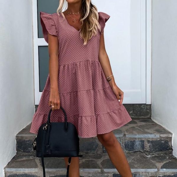 Summer Casual Polka Dot V Neck Ruffled Short Sleeve Women Summer Dress Sexy Women Dress - Hplify