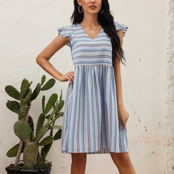 Summer Casual Striped Low Cut Elastic Waist Short Sleeve Women Summer Dress Sexy Women Dress - Hplify