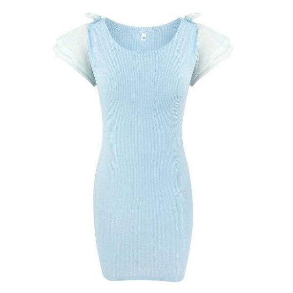 Summer Clothing Sexy Blue Round Neck Lace Patchwork Bow Short Sleeve Women Dress Sexy Drss Bodycon Dress - Hplify