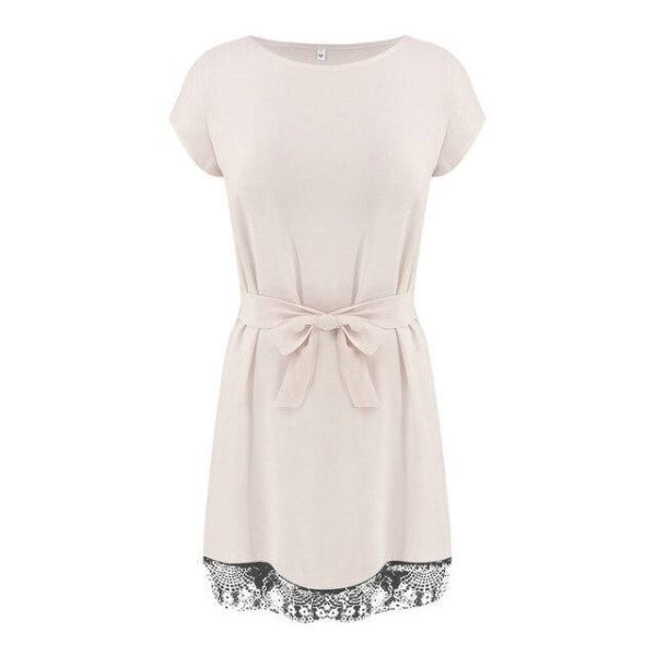 Summer Dress Casual Round Neck Short Sleeve Lace Patchwork Bandage Mini Dress Black Pink White Women Dress - Hplify