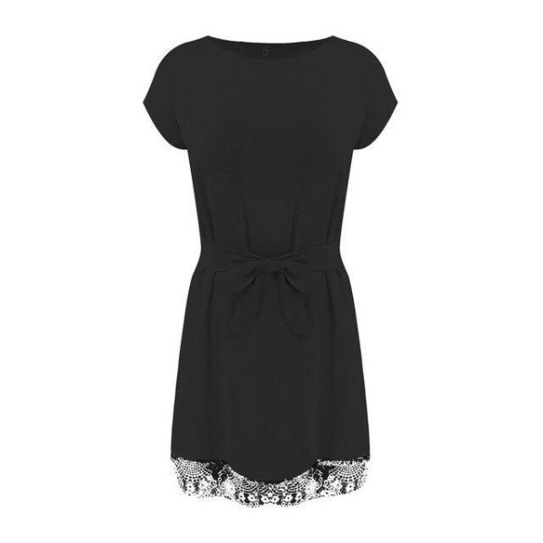 Summer Dress Casual Round Neck Short Sleeve Lace Patchwork Bandage Mini Dress Black Pink White Women Dress - Hplify