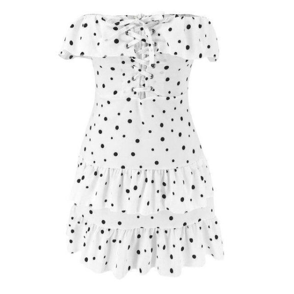 Summer Dress Sexy Polka Dot Off Shoulder Ruffled White Sleeveless Hollow Out Bandage Women Dress  Mini Dress - Hplify