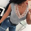 Summer Sexy Gray Lace Patchwork T Shirt Women Clothes Short Sleeve V Neck Tshirt Skinny Tops Tee Shirt Femme Casual Streetwear - Hplify