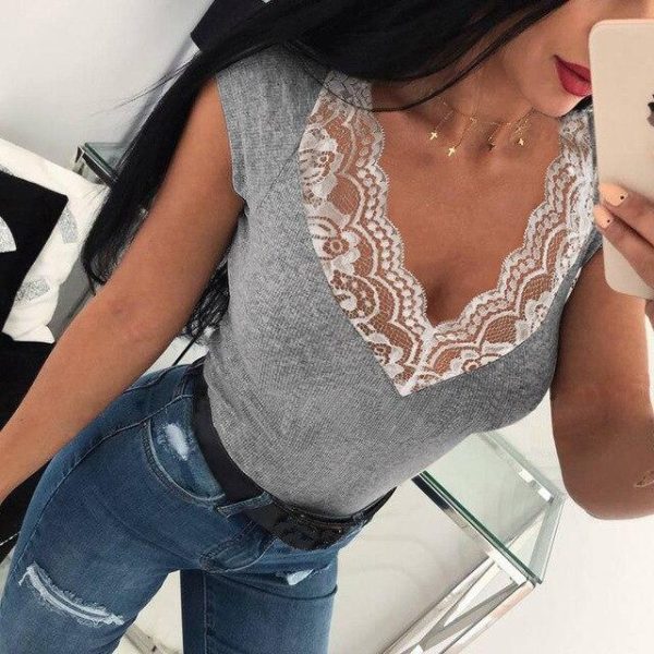Summer Sexy Gray Lace Patchwork T Shirt Women Clothes Short Sleeve V Neck Tshirt Skinny Tops Tee Shirt Femme Casual Streetwear - Hplify