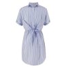 Summer Streetwear Casual Women Blue Pink Striped Turndown Collar Lace Up Women  Dress Summer Shirt Dress Short Sleeve Dress - Hplify