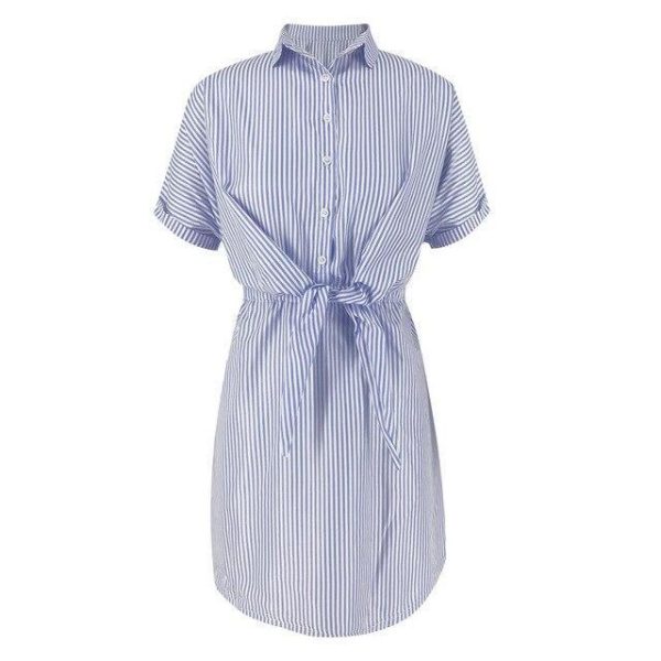 Summer Streetwear Casual Women Blue Pink Striped Turndown Collar Lace Up Women  Dress Summer Shirt Dress Short Sleeve Dress - Hplify