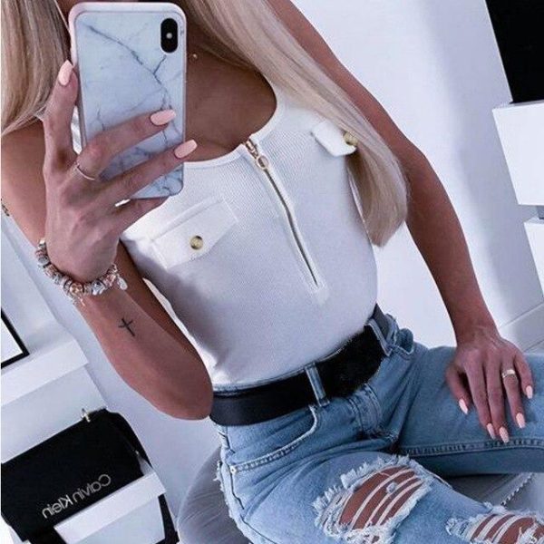 Summer T Shirt Solid Color Sleeveless Zipper Women Tshirt Casual Women Tops Tank Tops Women Camis - Hplify