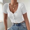 V-Neck Ribbed Short-Sleeve Button Short Top Deep Streetwear Tank Tops - Hplify